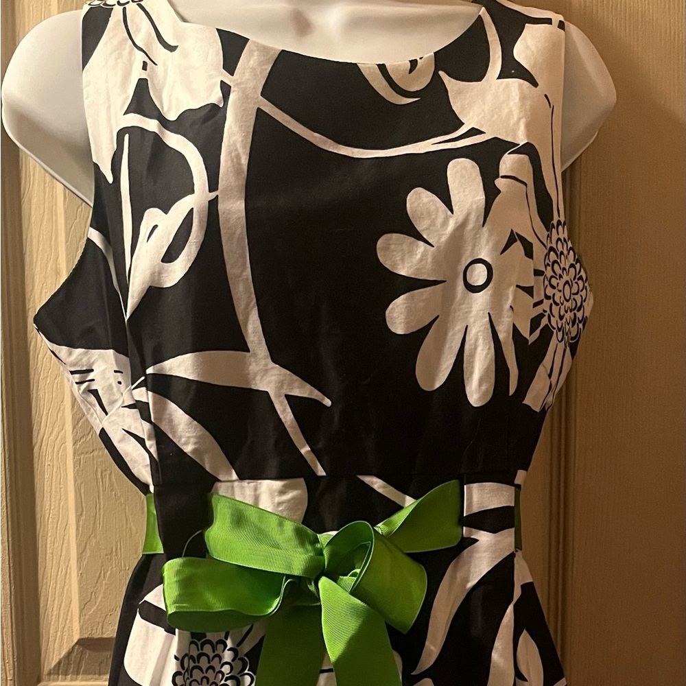 R and K originals :lined Dress black white with green sash  size 12